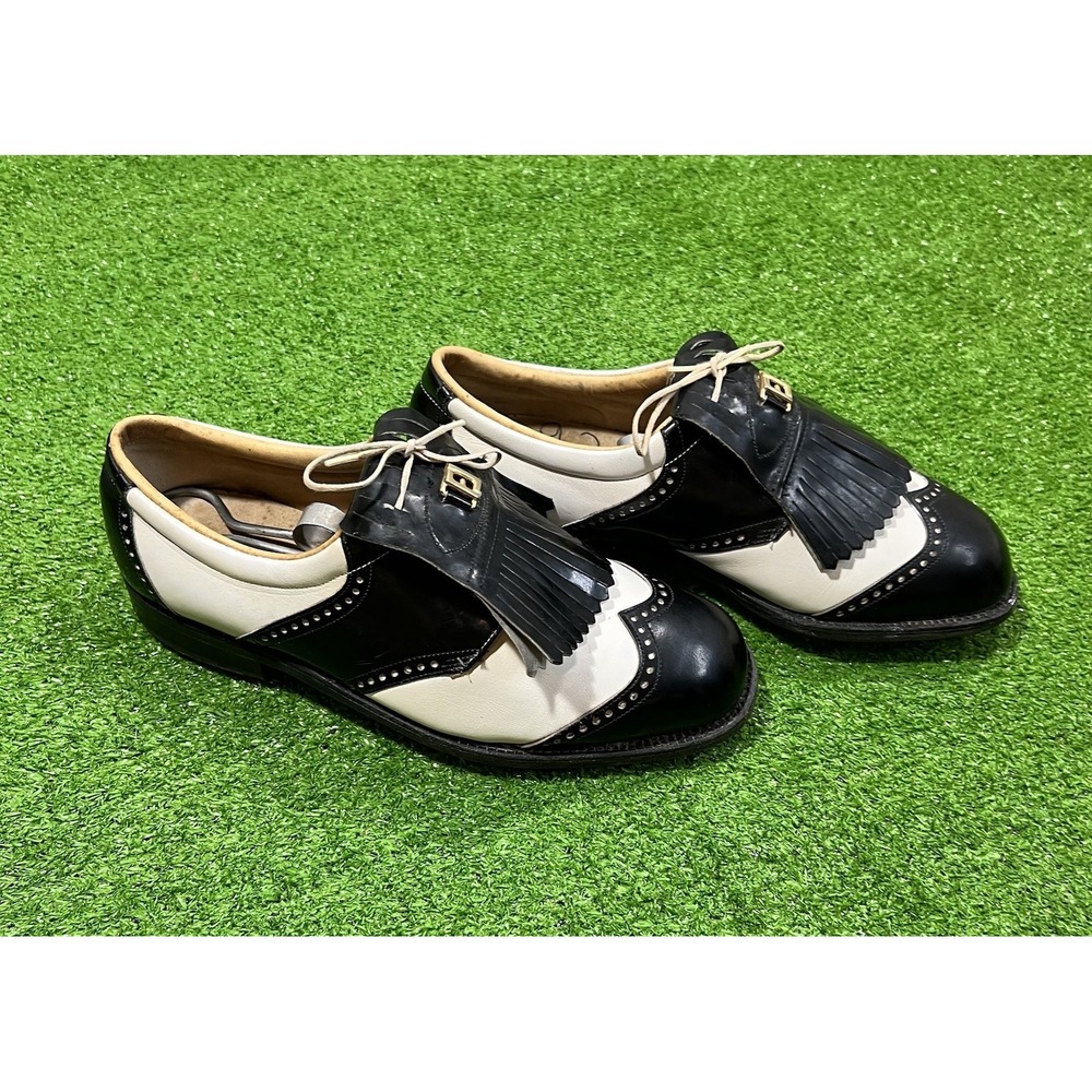 Vtg FootJoy Classics Patent Brogue Wingtip Kiltie Golf Shoes Men 8 White Saddle